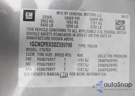 2013 Chevrolet Silverado 1500 Work Truck z USA, uszkodzony, nr VIN 1GCNCPEX3DZ339798